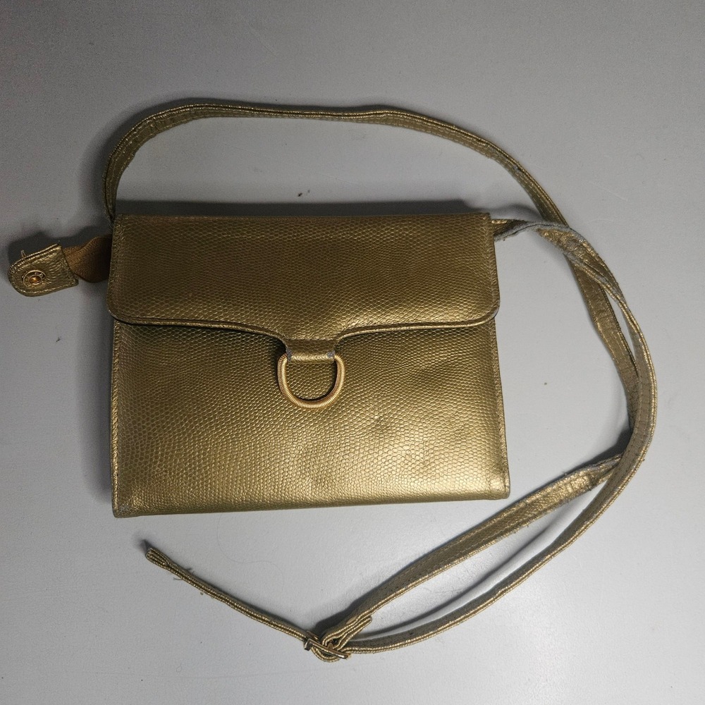 Vintage Gold Metallic Crossbody Wallet Bag Embossed Textured Small Purse 1960s